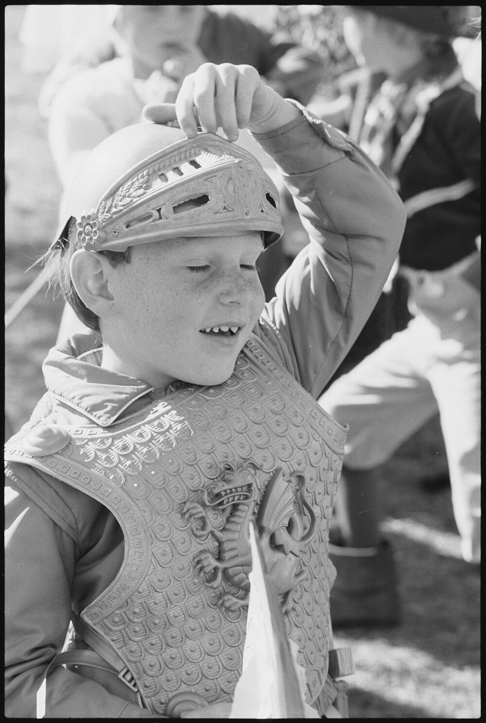 Unidentified boy dressed as a knight, Ipswich, July 1985