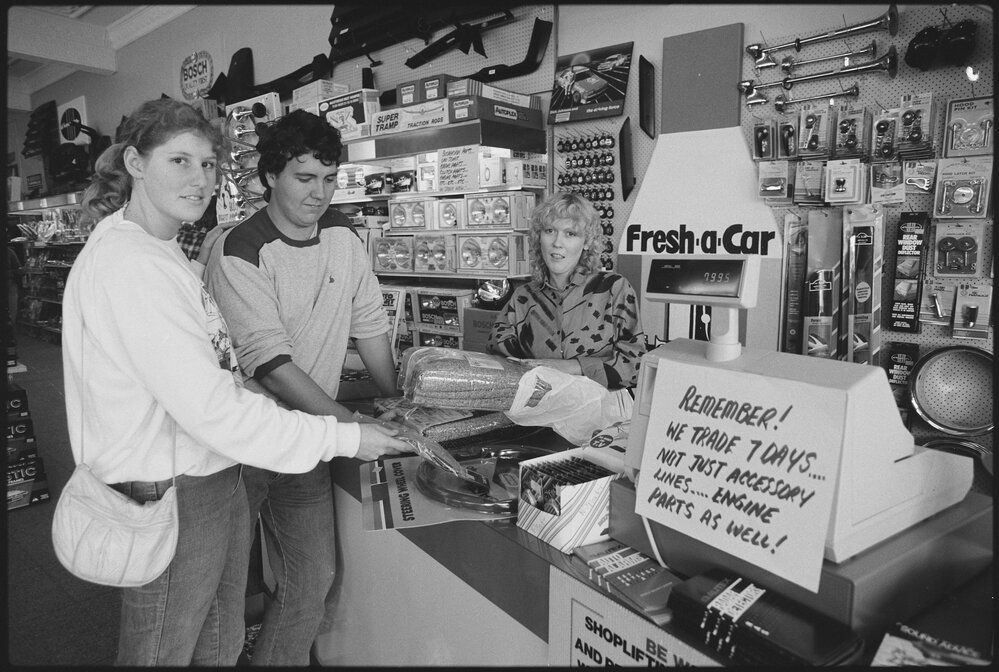 Unidentified people at Fresh-a-Car car accessories business, Ipswich, July 1985
