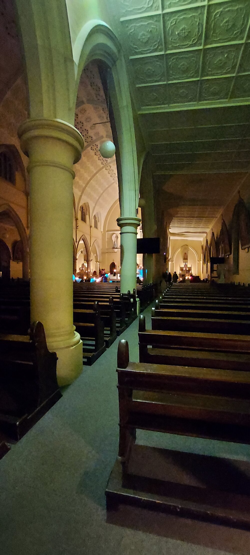 St Mary's interior at night, Woodend, July 2022