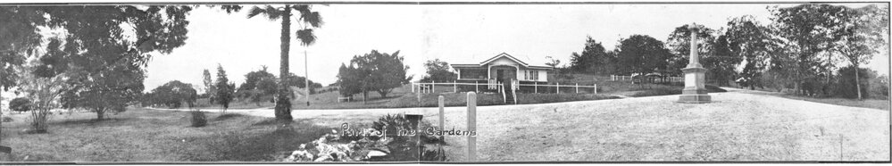 Panorama of Queens Park showing Kiosk and Memorial