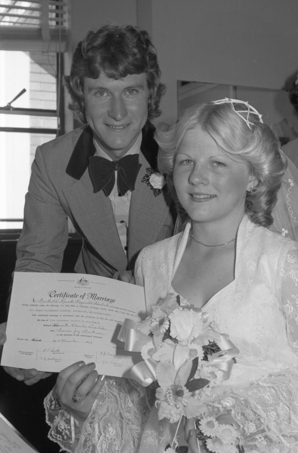Kenneth Charles Leschke and Teena Joy Beetham on their wedding day, Ipswich, December 1977