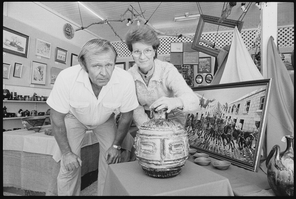 Unidentified people selling artworks, Ipswich, August 1985