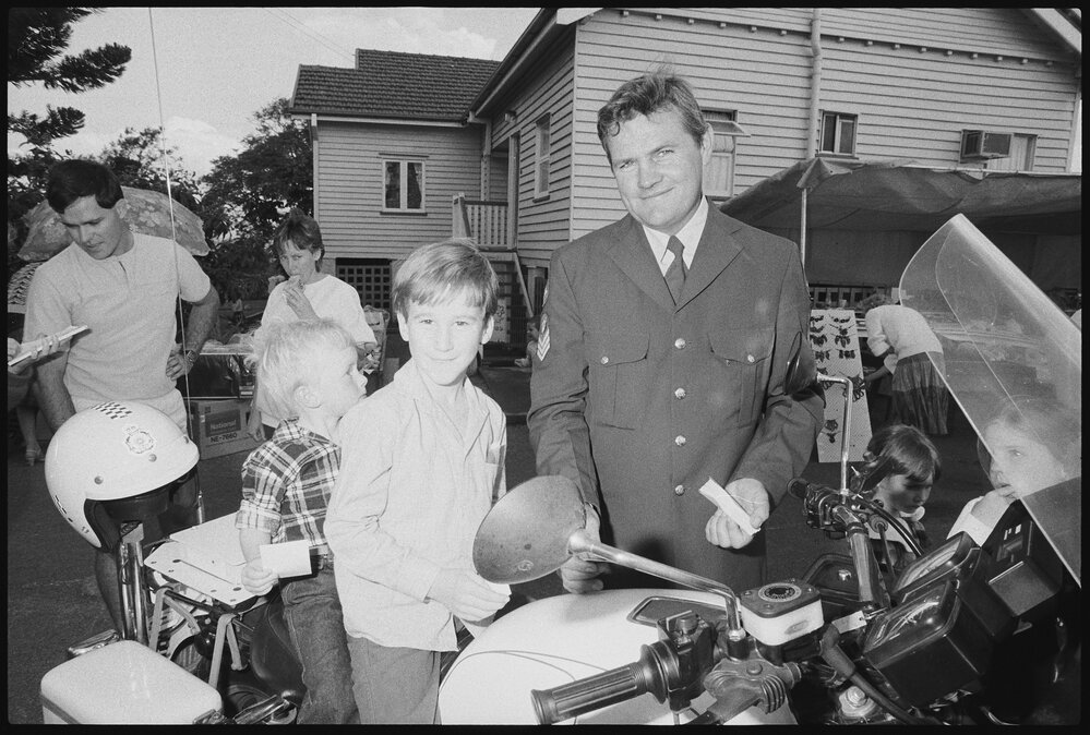Motorbike Police Officer at a market, Ipswich, August 1985