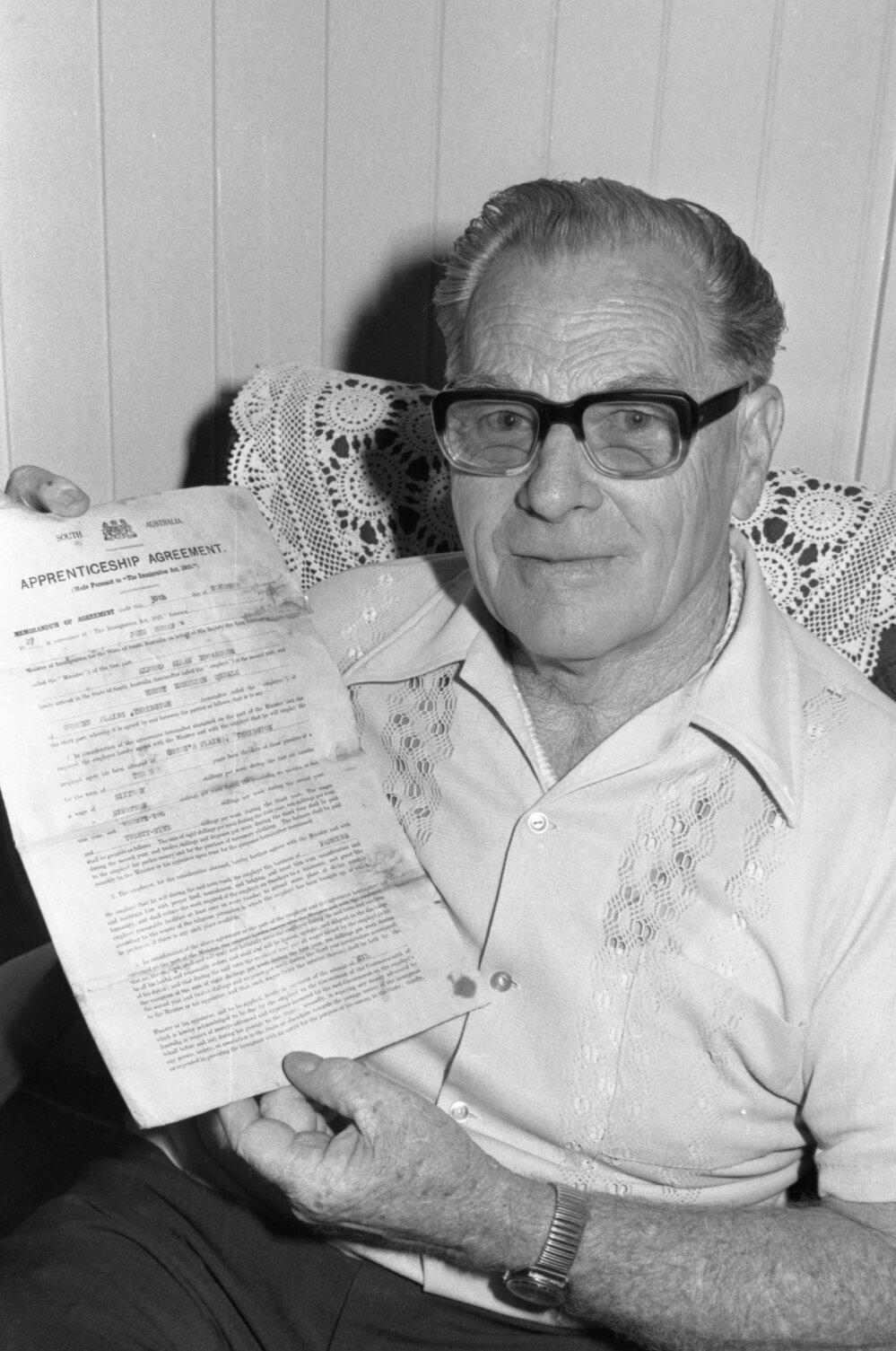 Alfred Allan Edwardson holding his Immigration papers, Ipswich, December 1977