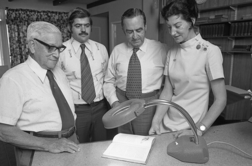 Lamp magnifier at Brassall Retirement Village, Brassall, December 1977