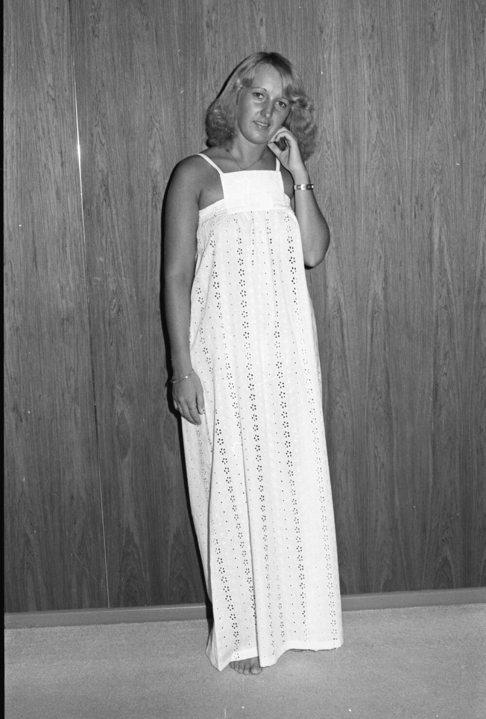 Reid's Department Store model in eyelet lace nightdress, Ipswich, January 1978