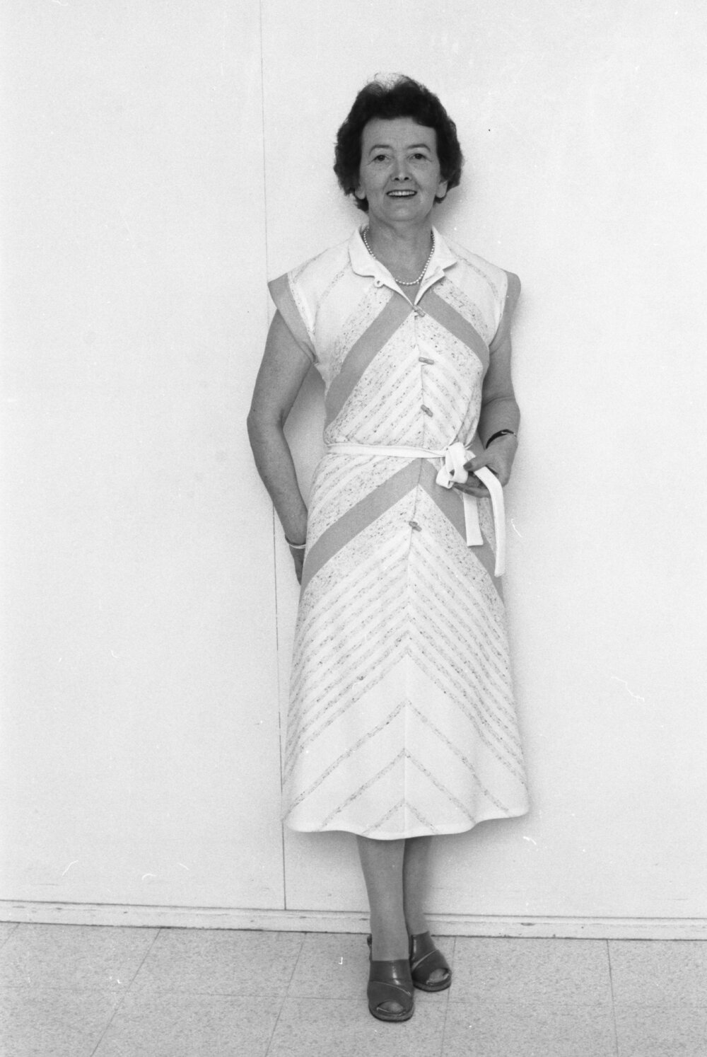 Reid's Department Store model in chevron dress, Ipswich, January 1978