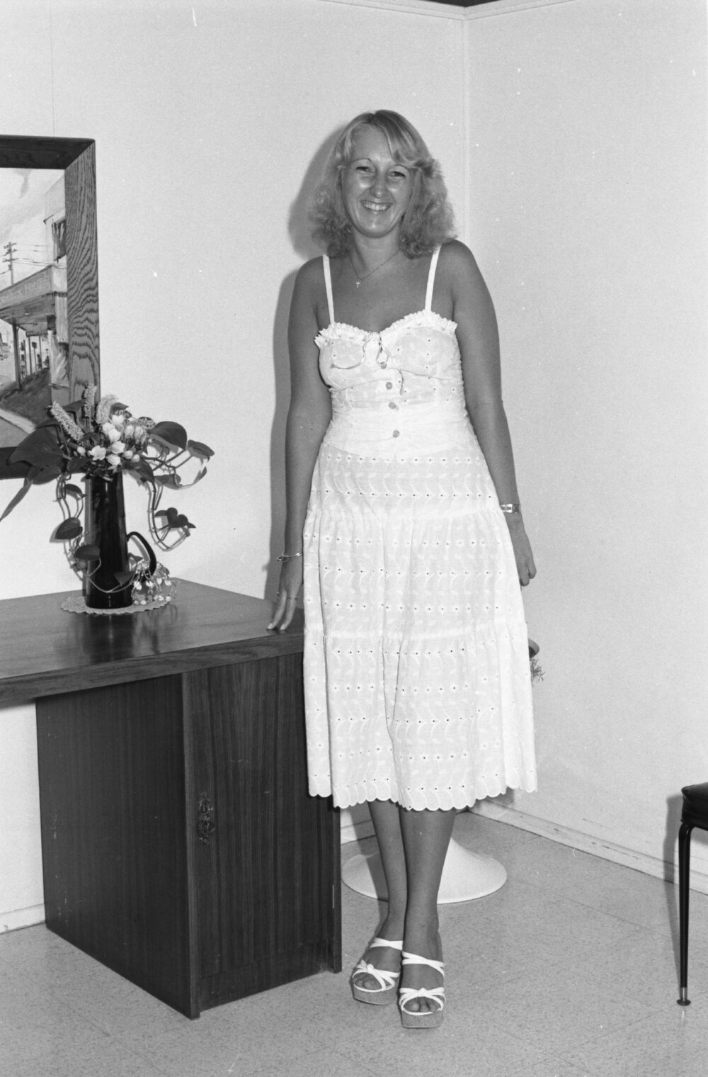 Reid's Department Store model in eyelet lace dress, Ipswich, January 1978
