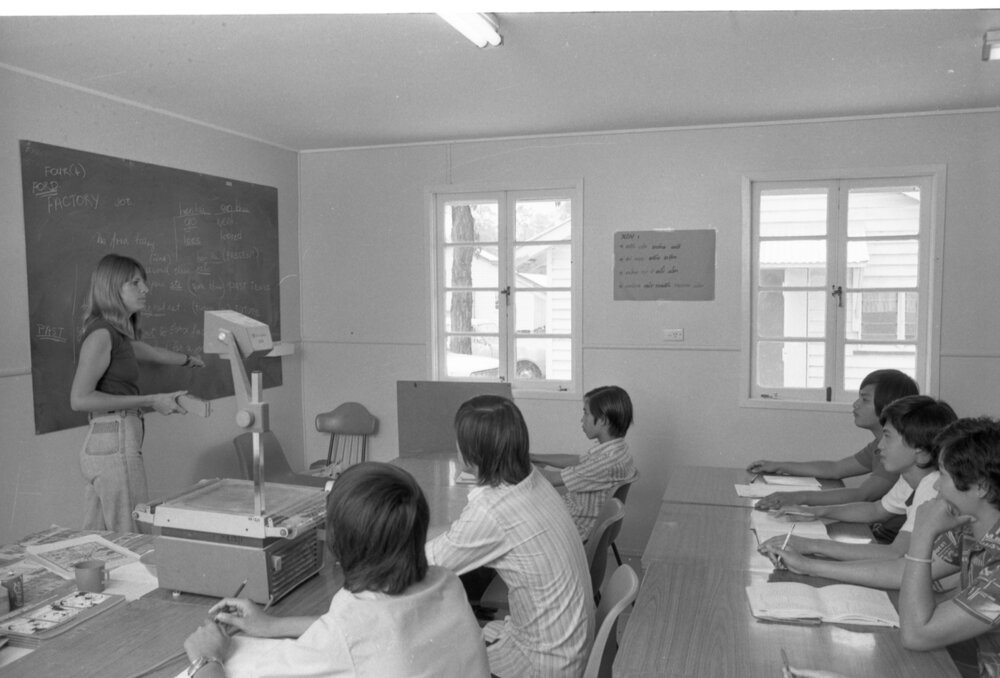 Taiwanese students learning English in a classroom, Ipswich, Queensland, January 1978
