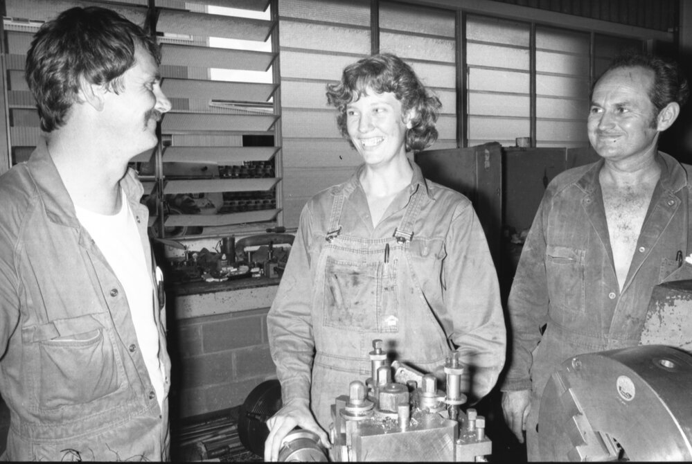 Mechanics in a machine shop, Ipswich, Queensland, January 1978