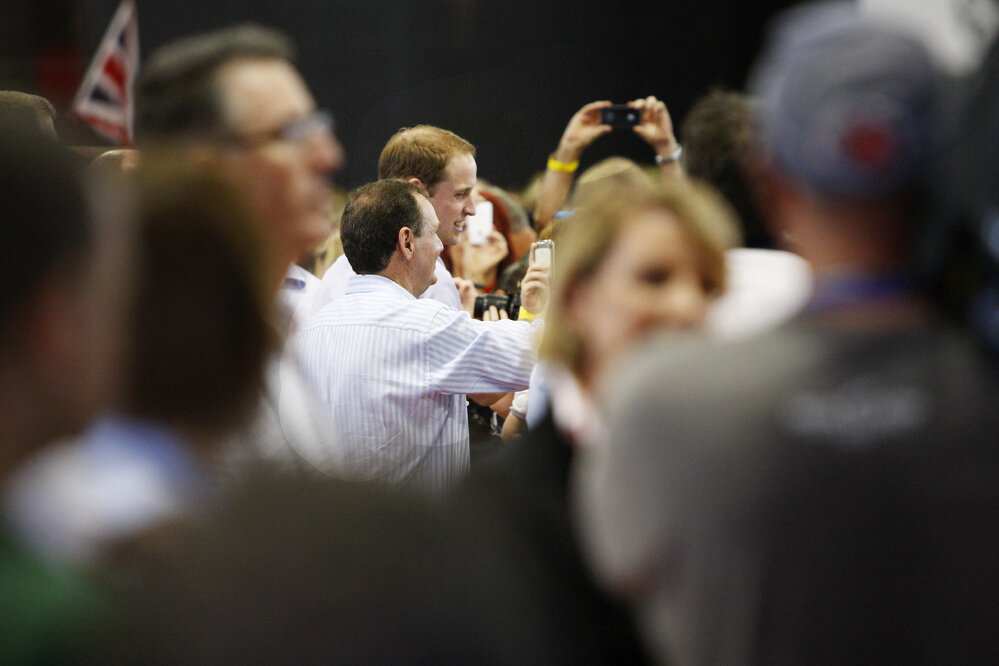 William, Prince of Wales, with Paul Pissale, dignitaries and RAAF personnel, West Moreton Anglican College, Karrabin, Ipswich, 2011