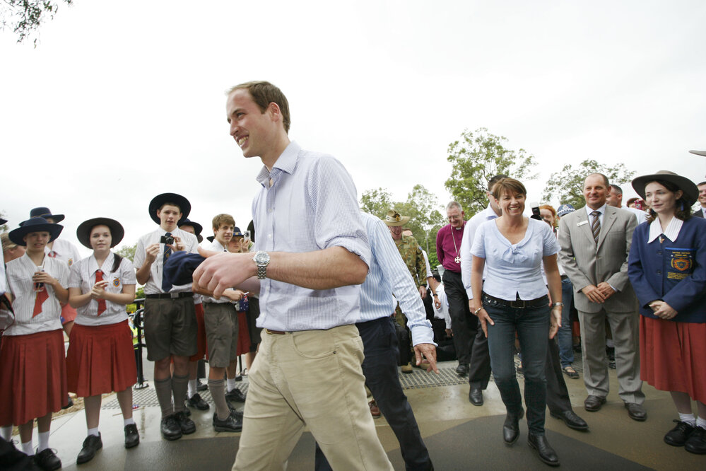 William, Prince of Wales at West Moreton Anglican College, Karrabin, Ipswich, 2011 with Paul Pisasale and Anna Bligh and other dignitaries meeting students, teachers and flood victims 