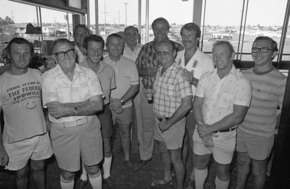 John Cleary with unidentified men inside at the Ipswich Turf Club, Bundamba, Ipswich Queensland, January 1978