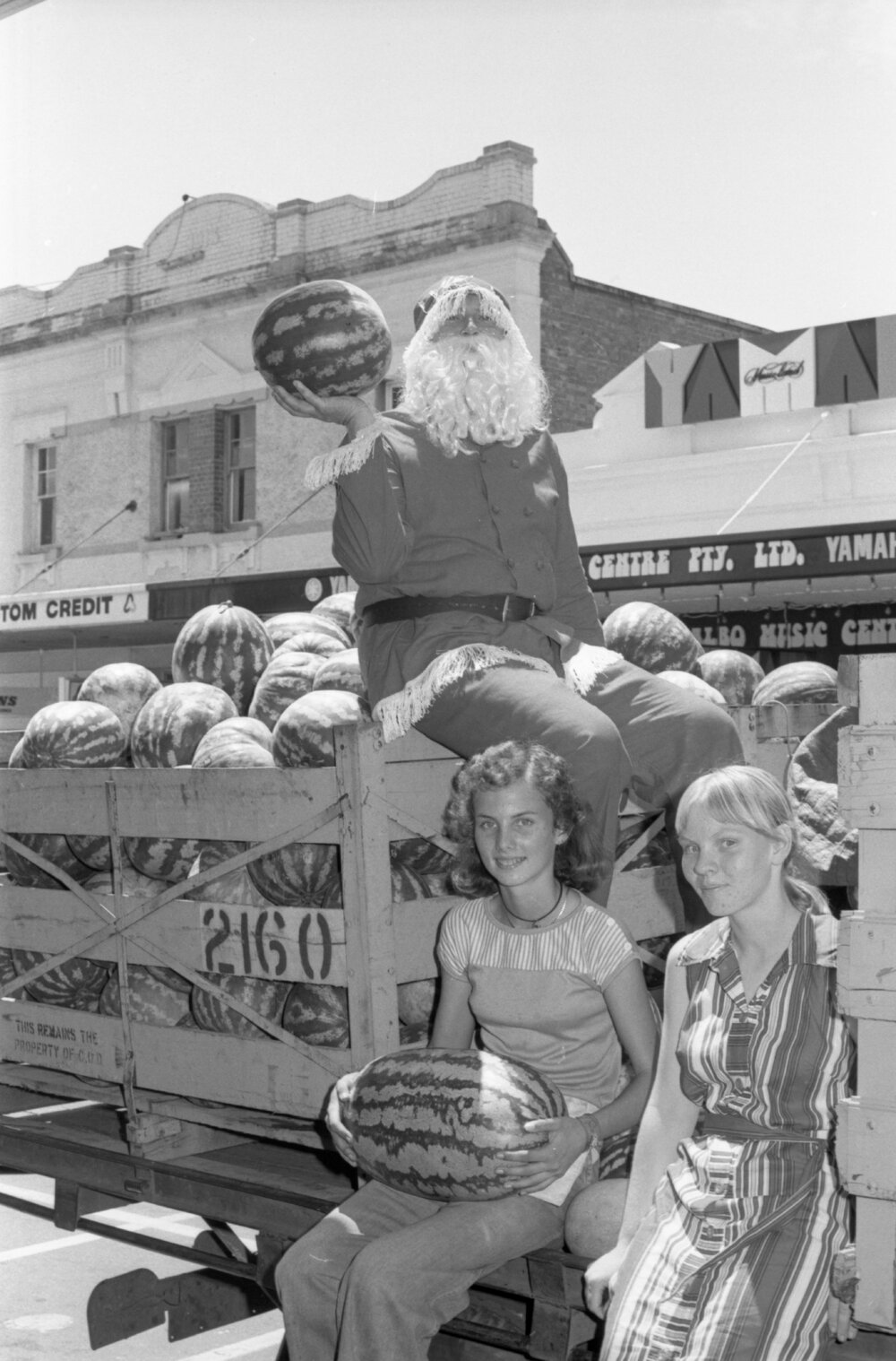 Bob Green as Santa selling Watermelons for Charity with daughter Belinda, Ipswich, December 1977