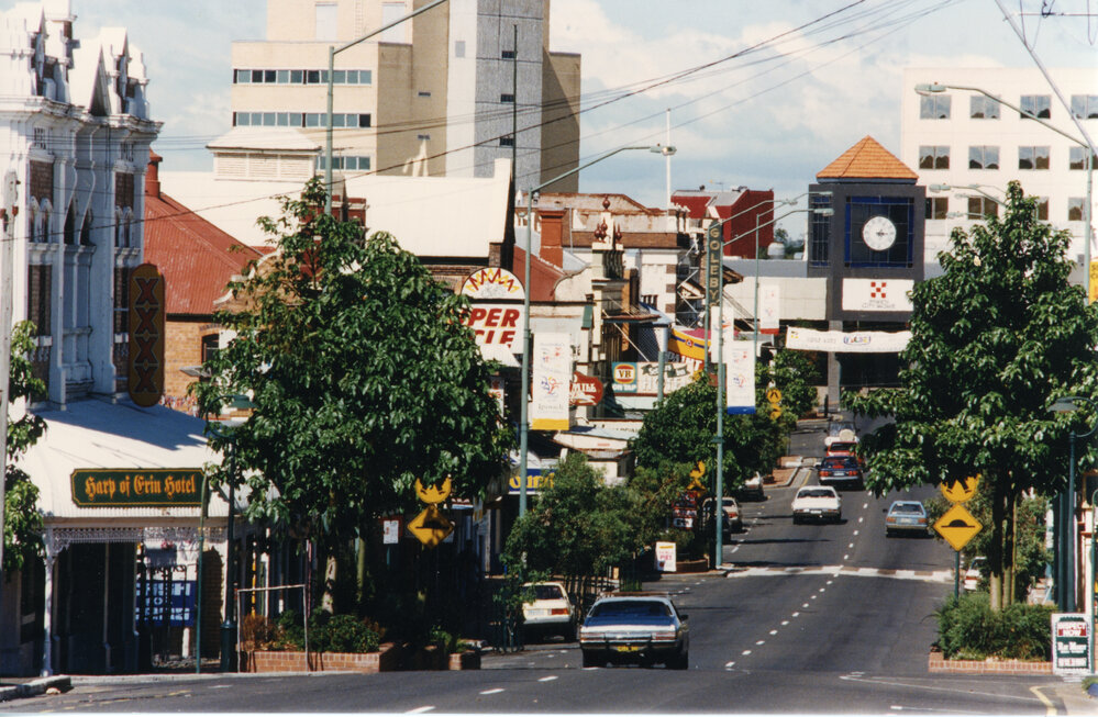 Corner of Waghorn and Brisbane Streets, looking east, Ipswich, February 1998