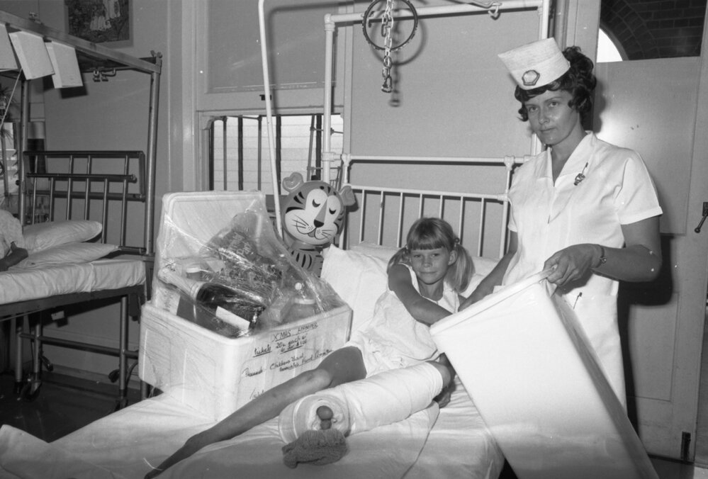 Christmas hamper for Ipswich General Hospital Children's Ward, Ipswich, December 1977