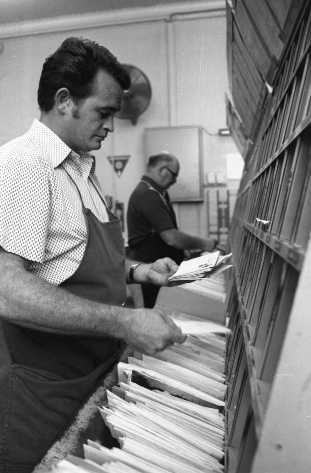 Sorting mail at Ipswich Post Office, Ipswich, December 1977