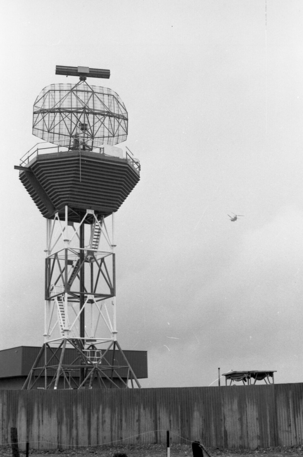 Air Traffic Control Tower with Boeing CH-47 Chinook Helicopter in flight, RAAF Base Amberley, Amberley, Ipswich, Queensland, 1978