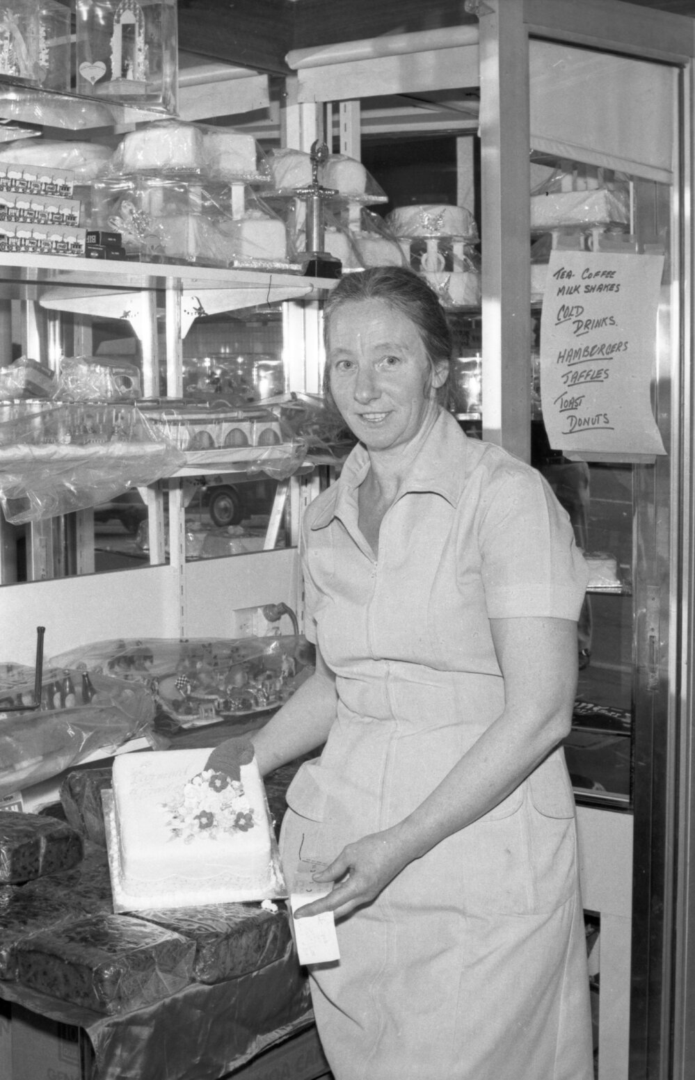 Betty McCrindle at Bertram's Cakes, Ipswich, November 1977