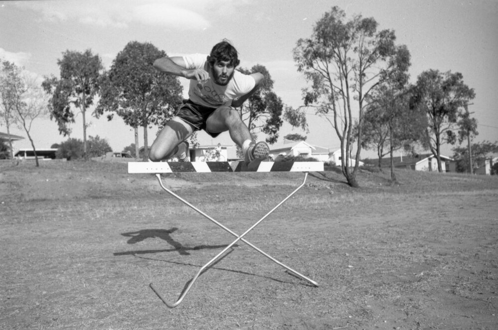 Garry Brown jumping hurdles, Ipswich, November 1977