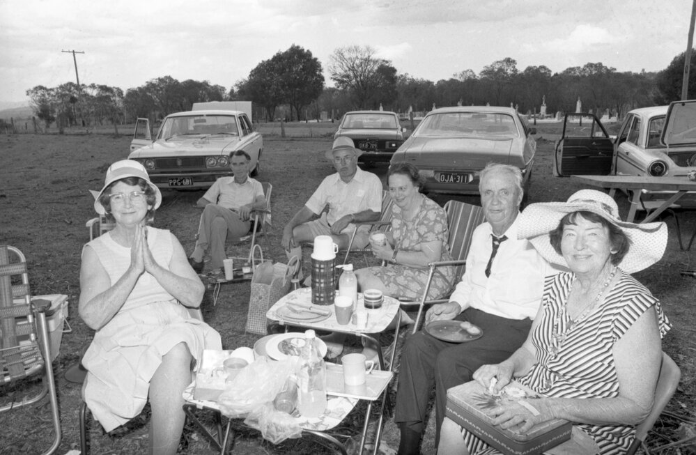Picnic with tea and biscuits near Glamorgan Vale Cemetery, Glamorgan Vale, Somerset Region, November 1977