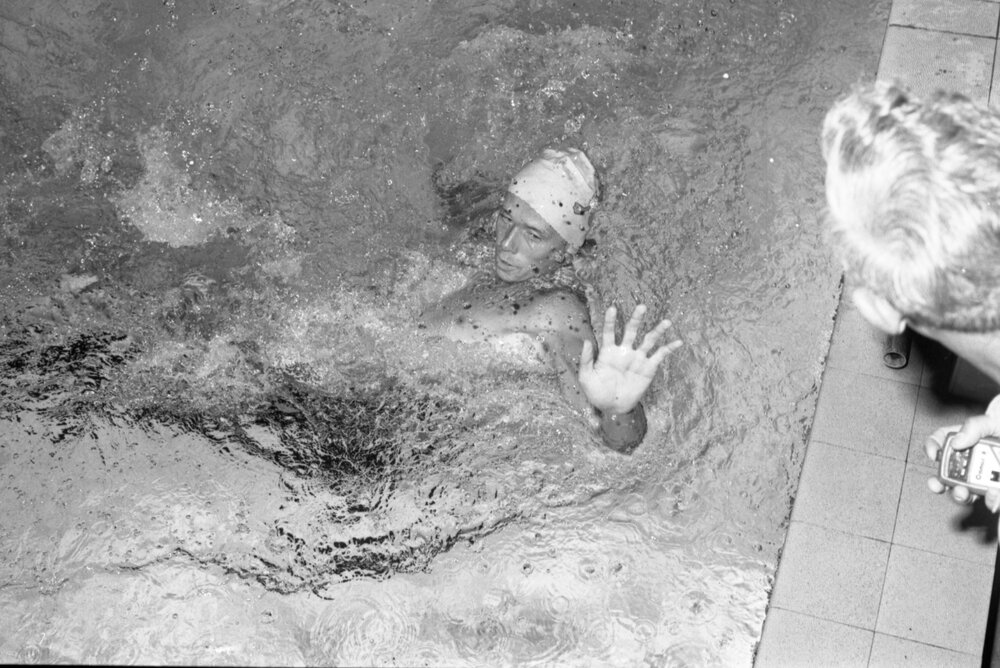 Young man swimming laps in a pool, Ipswich, February 1978