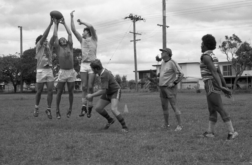 Rugby players training with new coach, Ipswich, February 1978