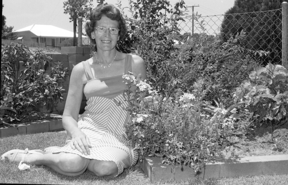Eva Hardie sitting in a garden, Ipswich, Queensland, February 1978
