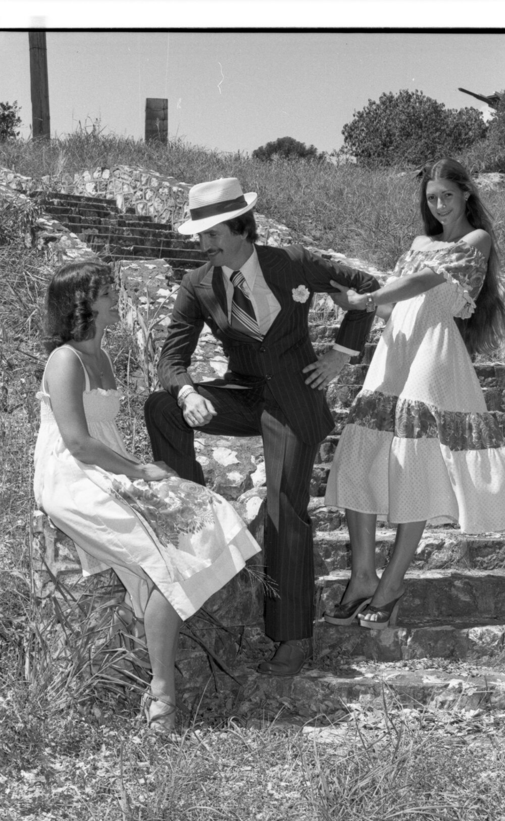 Unidentified man and two women posing for a Valentine's Day series in Queens Park, Ipswich, February 1978