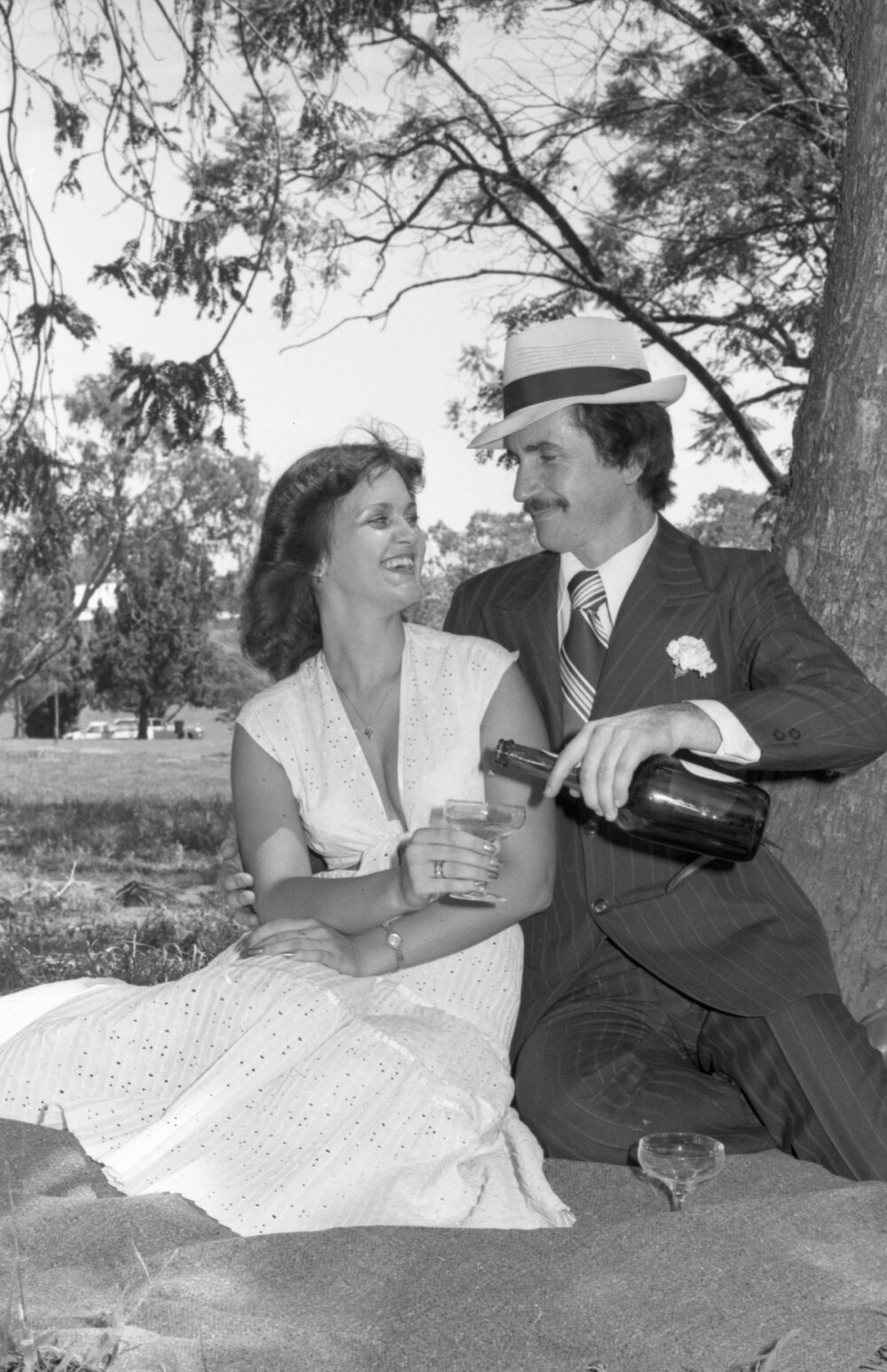 Unidentified couple photographed in Queens Park for a Valentine's Day advertisement, Ipswich, Queensland, February 1978