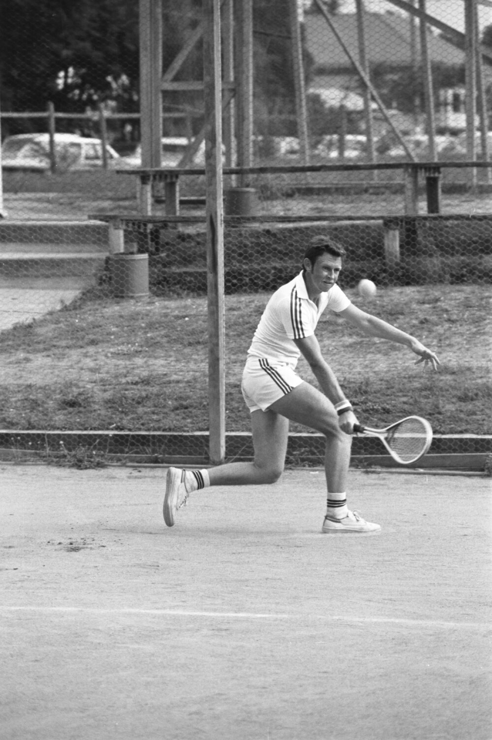 Unidentified tennis player in stripes, Ipswich, Queensland, February 1978