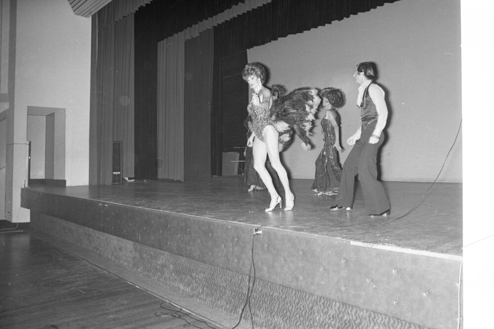 Performers form the Sydney nightclub Les Girls practicing on stage, Ipswich, Queensland, February 1978