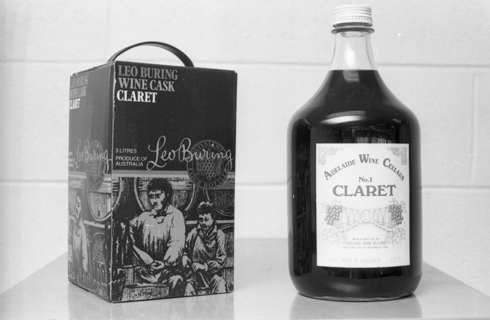 A cask of Leo Buring claret with a bottle of Adelaide Wine Cellars claret, photographed for advertisements in the Queensland Times, Ipswich, Queensland, February 1978