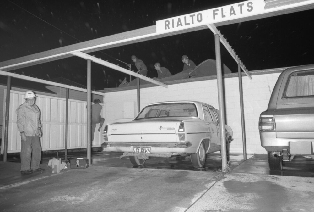 Storm damage at Rialto Flats, Ipswich, November 1977