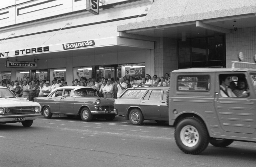 Crowd in front of Bayards, Ipswich, November 1977