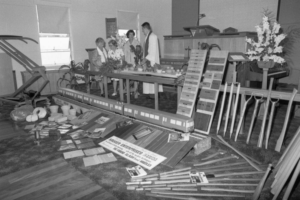 Unidentified people at the Harvest Festival held inside an unidentified church in Bundamba, Bundamba, Ipswich, November 1977