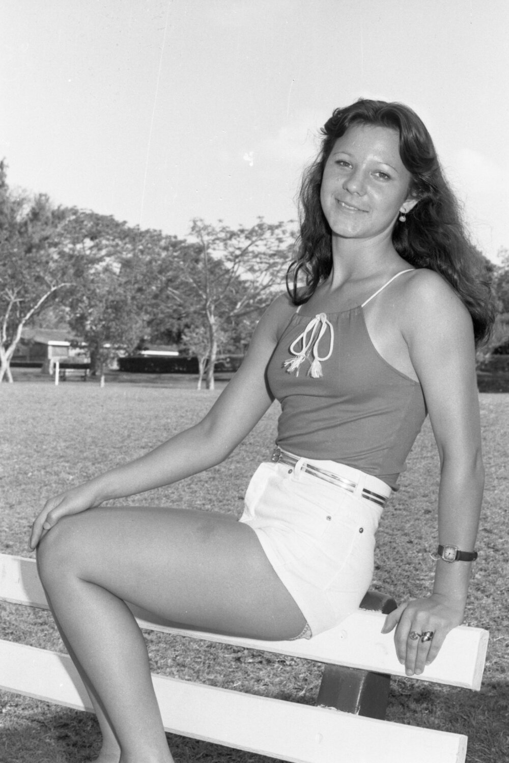 Christine Nunn on a bench at Queens Park, Ipswich, November 1977