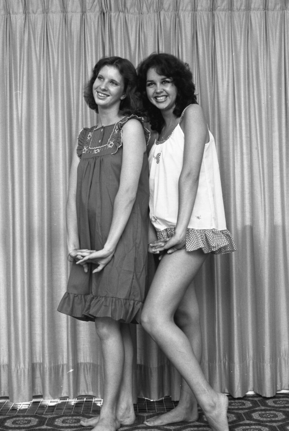 Unidentified women dressed in sleepwear posing for the camera, Ipswich, November 1977