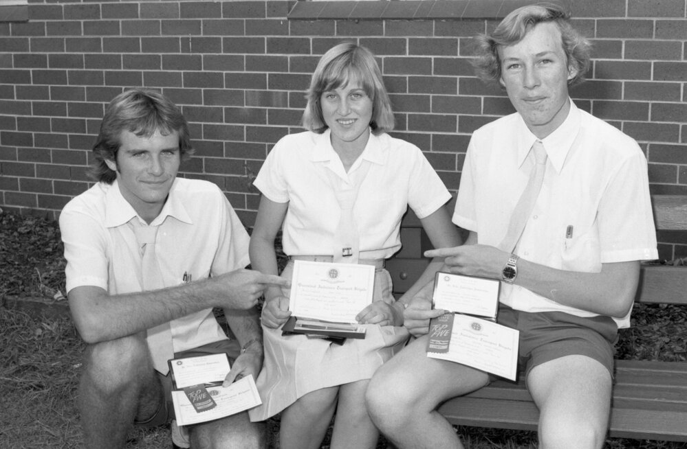 Bremer State High students with their First Aid course certificates from Queensland Ambulance Transport Brigade, Ipswich, November 1977