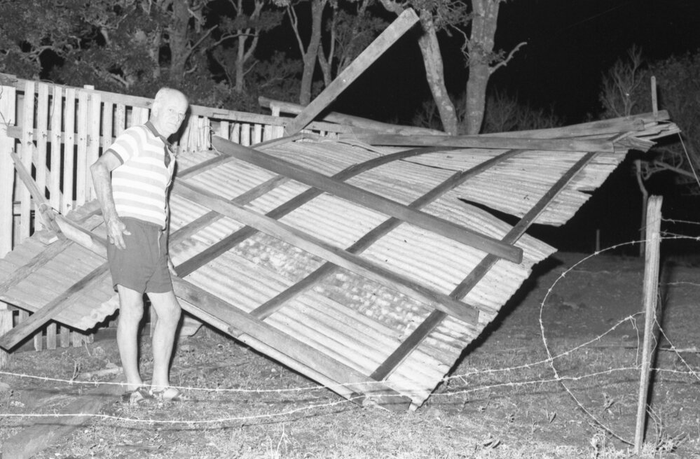 Man's property damaged by storm, Ipswich, November 1977