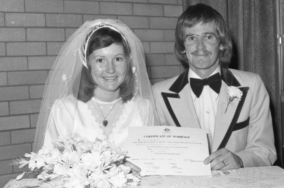 Thought to be Terry James Neibling and Joy Hanson on their wedding day, North Booval, November 1977