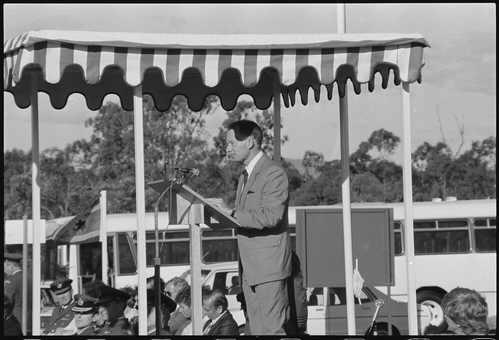 Unidentified person making a speech at the RAAF Base, Amberley, July 1985