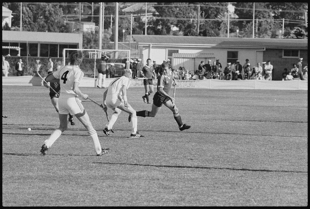 Hockey match at the East Ipswich Hockey fields, East Ipswich, July 1985