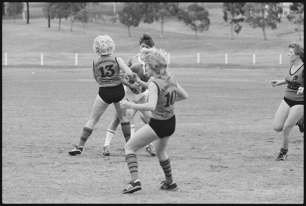 Women's Touch Football Match thought to be taken at Limestone Park, Ipswich, July 1985
