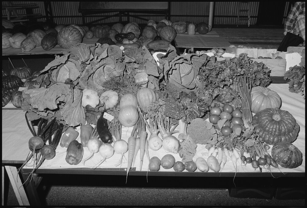 Fresh farm vegetables displayed for sale, Ipswich, July 1985