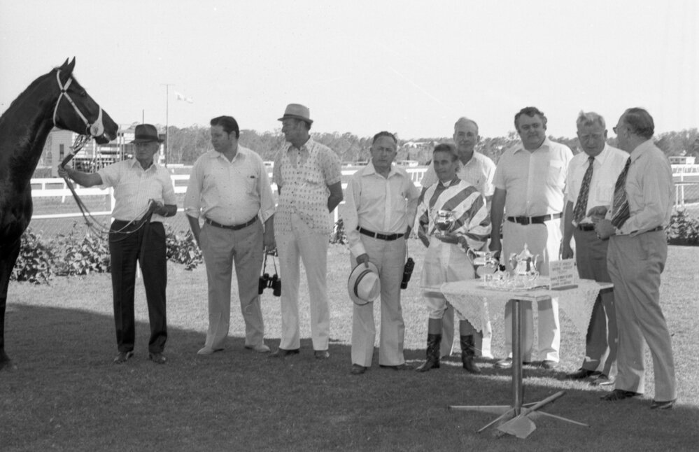 The winning jockey and his horse at Ipswich Turf Club, Bundamba, November 1977