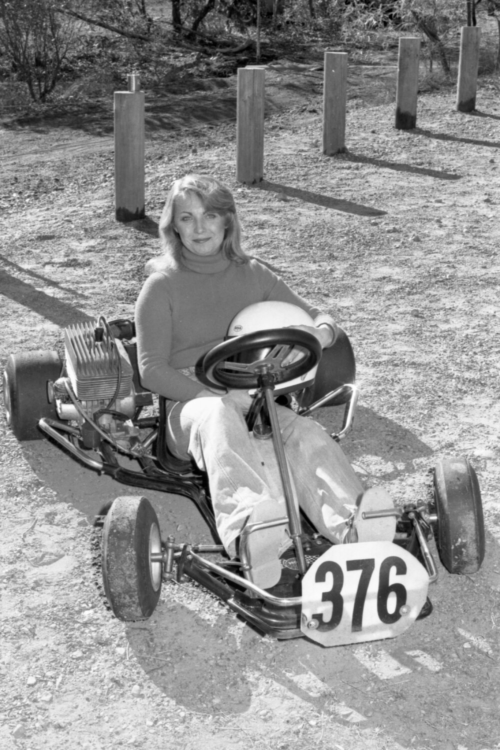 Christine Moore in a go-kart, Ipswich, November 1977