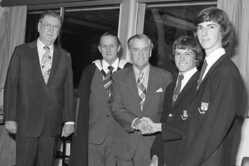 Queensland Premier Joh Bjelke-Petersen, visiting Ipswich Grammar School, Woodend, November 1977
