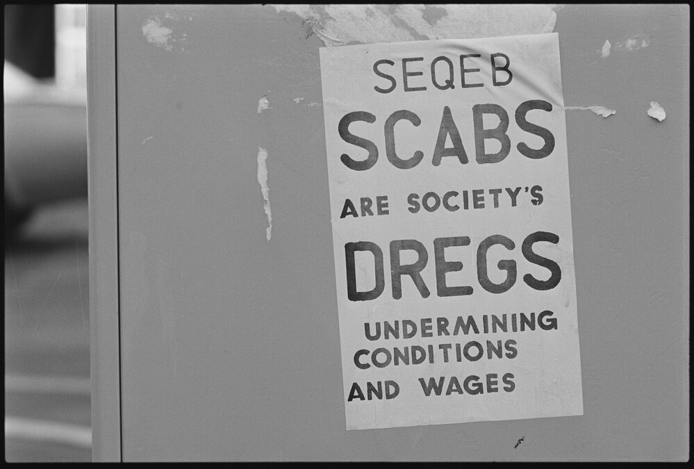 Pro-worker SEQEB Dispute poster attacking 'scab' strike-breakers, Ipswich, July 1985