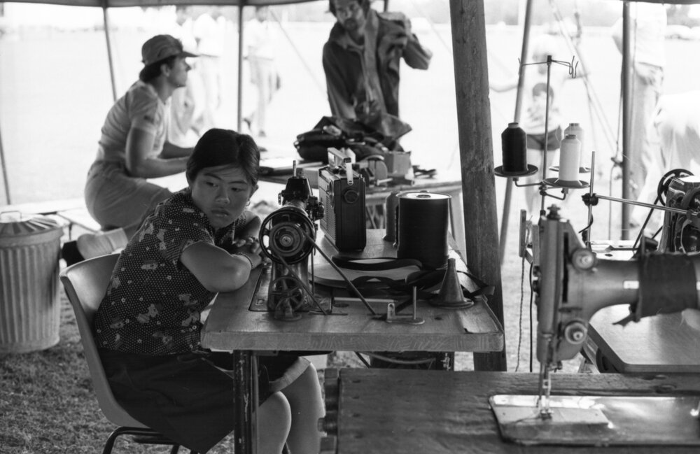 Sewing parachutes at the Formation Skydiving World Championships, Gatton, November 1977